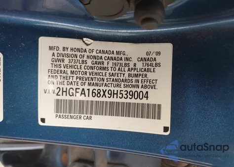 2009 Honda Civic Ex из США, поврежденный, VIN 2HGFA168X9H539004